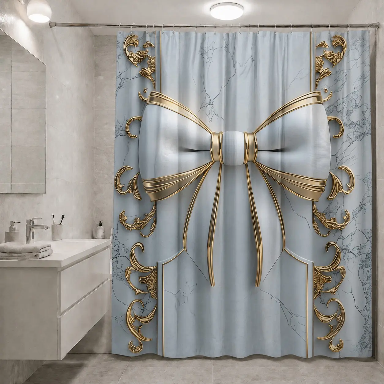 1/4pcs Marble Pattern Light Blue White Bathroom Set, Bathroom Decoration Accessories - 3D Gold Bow Shower Curtain, Toilet Seat Cover, 2 Bath Mats with Gold Filigree - Decor for Easter, Christmas, Aesthetic Bathroom Decor And Accessories