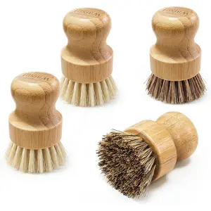 Bamboo Dish Brush Set, 4 Pack, Plastic-Free (2 Medium Sisal, 2 Firm Coconut Coir), Dish Scrubber & Vegetable Brush for Cast Iron, Nonstick