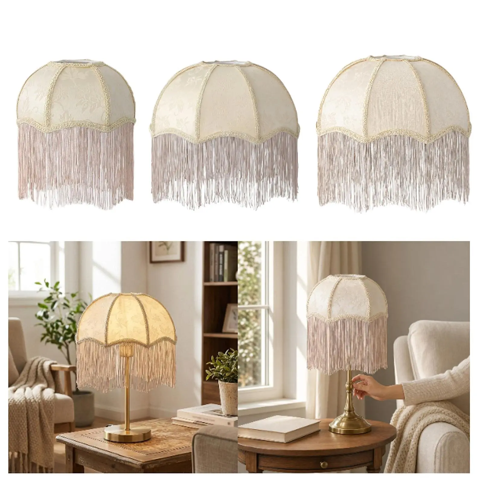 Cloth Lampshade, Vintage Style with Tassels Fringe Elegant Fit E27 Bulb Lamp Cover Table Lamp Shade, Light Covers for Bedroom Desk Cafe