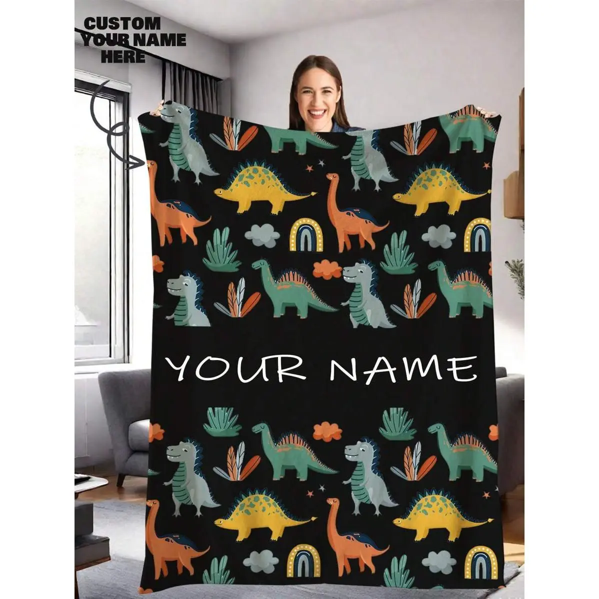 Custom Name Dinosaur Throw Blanket, Cartoon Rainbow Kids Flannel Blanket, Soft Cozy Warm Throw, Personalized Your Name Design, Gift for Baby Boy Toddler, Cute Nursery Bedroom Decor # blankets