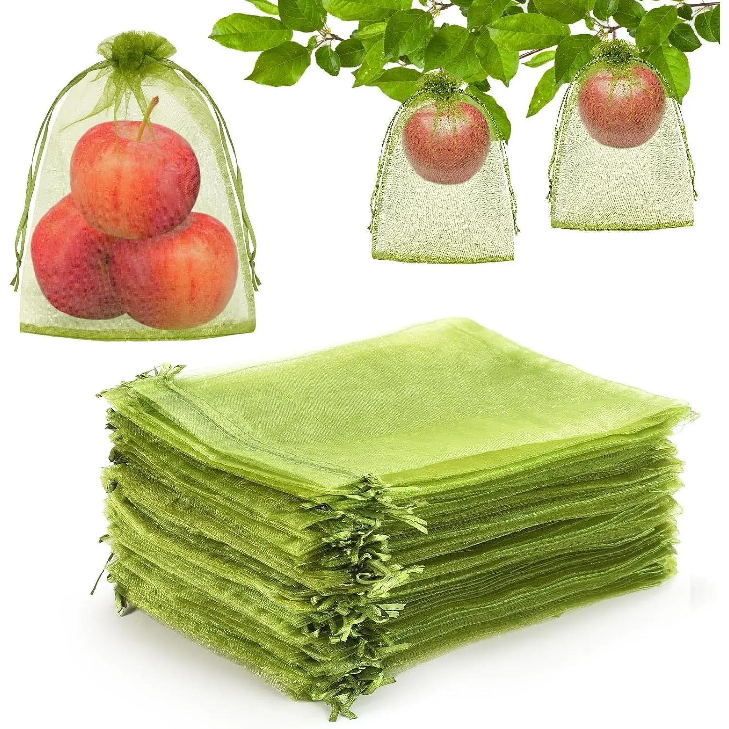 120 count Green Fruit Protection Bags 6x8 Drawstring Cover Bags | Green Mesh Organza, Garden Fruit Trees Veggies, Protects  Strawberry Blueberry Grape, Drawstring Double Pull Design