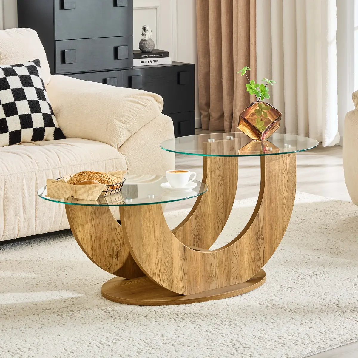 [Fahuac] 2-Tier 23.6" Dia. Oval Glass-Wood Coffee Table, Transparent Tempered Top, U-Shaped Wood Grain Base, Modern Compact Side Table for Living Room, Lounge