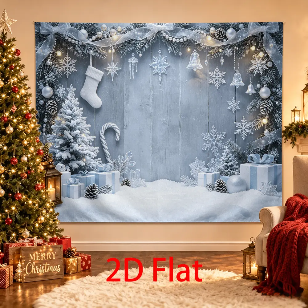 Silver Winter Wonderland Backdrop, Icy Blue Christmas Photo Background with Snowflakes, Gifts, Bows and Snowy Trees