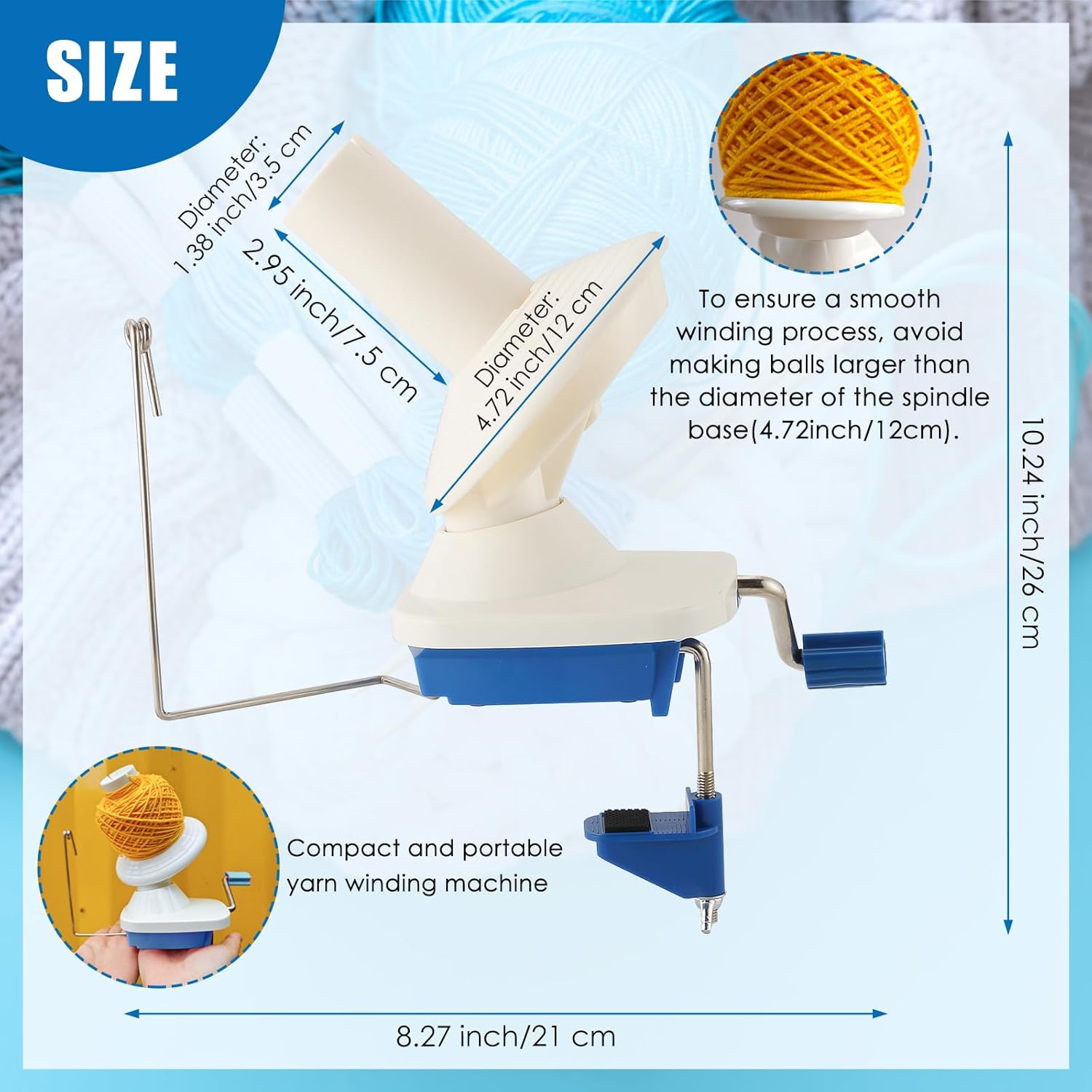 Needlecraft Yarn Ball Winder Hand-Operated, Manual  Yarn Winder Holder for Swift Yarn Fiber String Ball (Blue, White)