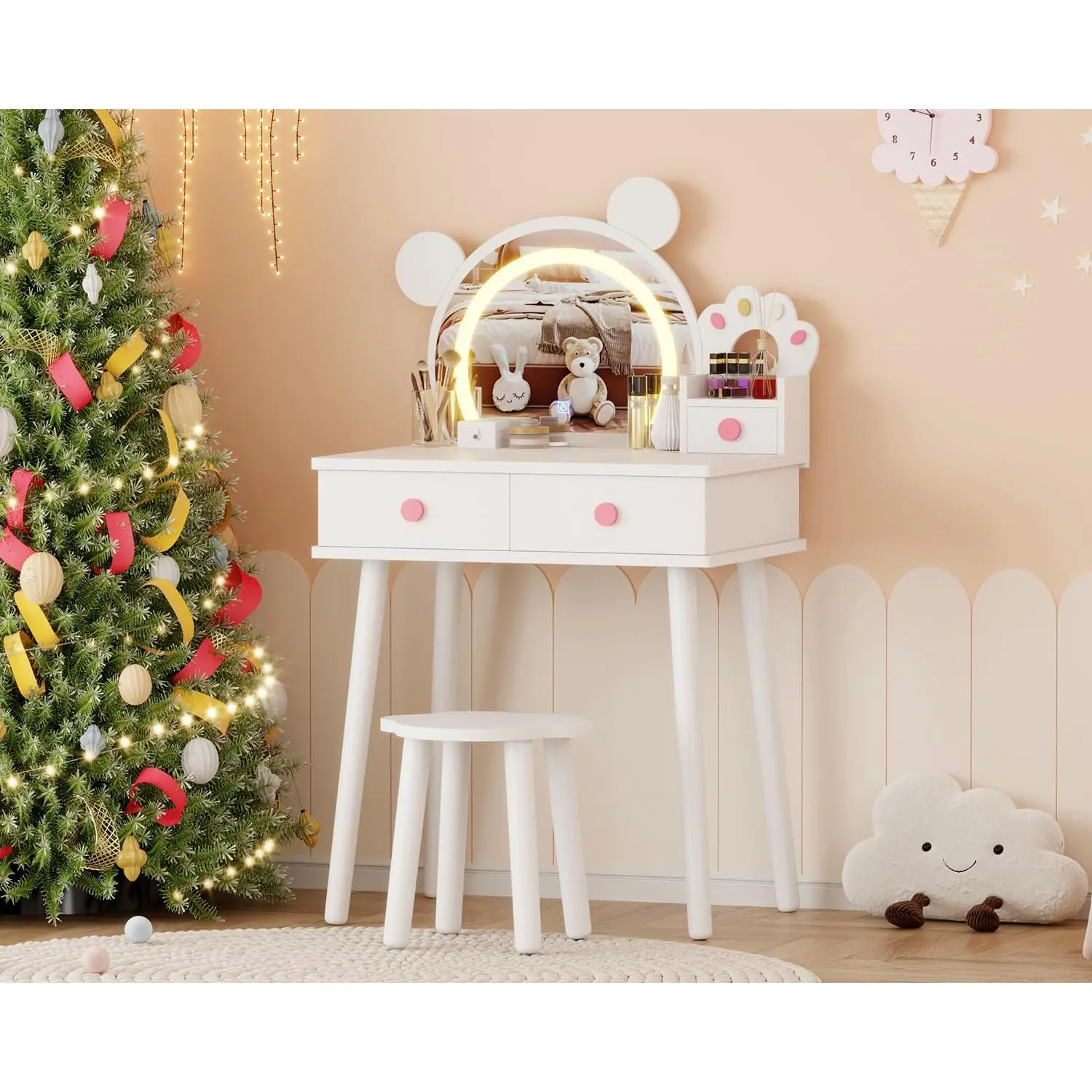 Lighted Bear-Shaped Mirror Kids Vanity Set, Wooden Princess Makeup Table with Storage Drawers & Flower Stool, Safe Pretend Play Furniture for Children's Bedroom