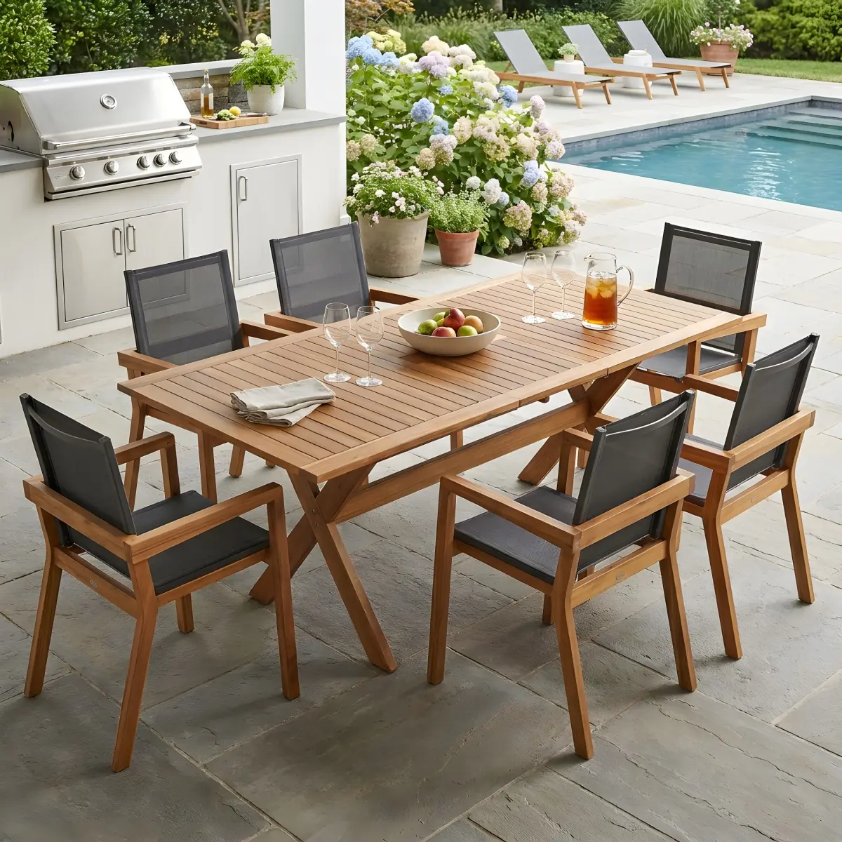 Aobtkel Christopher Knight Home® 7-Piece Acacia Wood Outdoor Dining Set - 6 Slat-Back Chairs, 1 Extendable Large Table with Reinforced Legs, Outdoor Set for Lawn, Backyard, Slats, Extendable Table