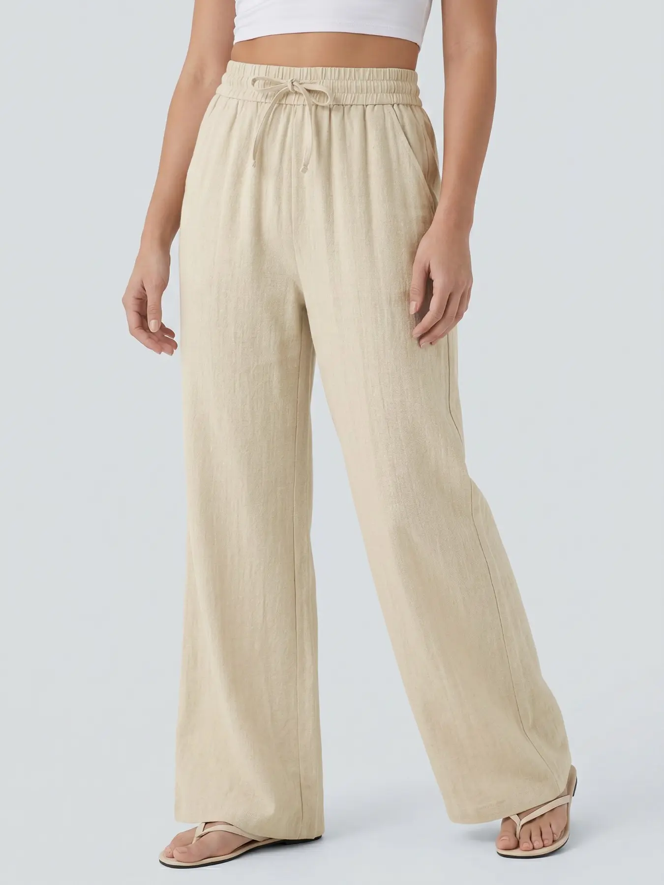 Women's Versatile High Waist Linen Wide Leg Trousers Pants, Casual Drawstring Waist Side Pocket Anti-Pilling Bottom, Loose Lightweight Quick-Drying Daily Outfit