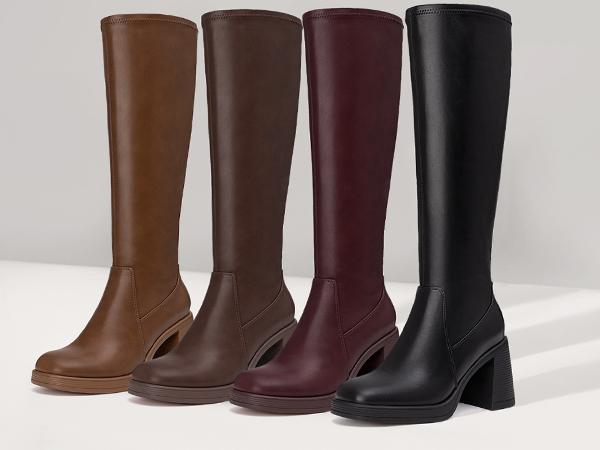 Athlefit Knee High Boots for Women Square Toe Platform Chunky Heel Stretchy Tall Boots with Side Zipper