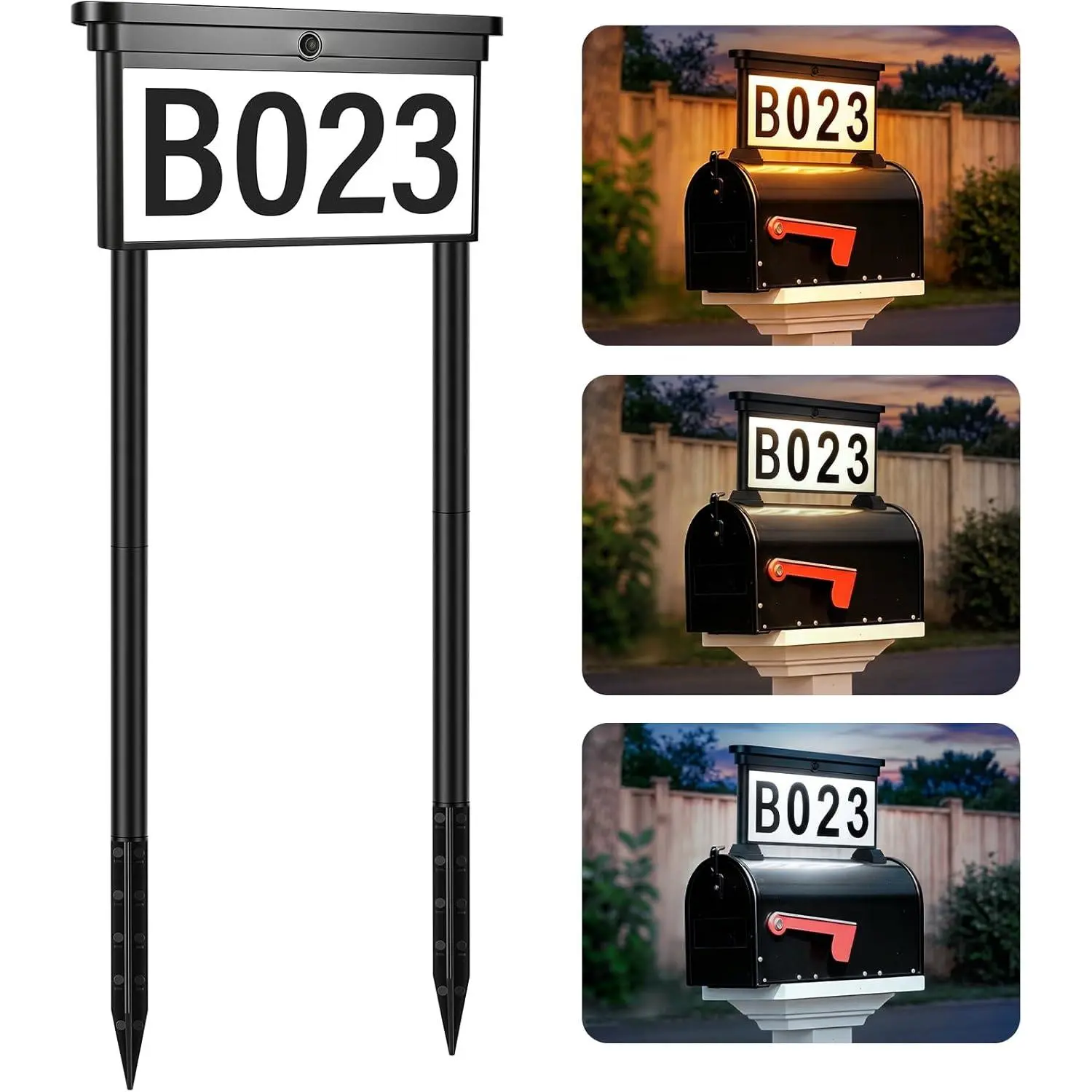 Double-Sided Solar Lighted Address Sign for Yard, 3 Color Modes 3-in-1 Mounting (Stake, Wall or Mailbox), Waterproof LED Address Plaque with 4 Sets Numbers & Letters, 1 Pack