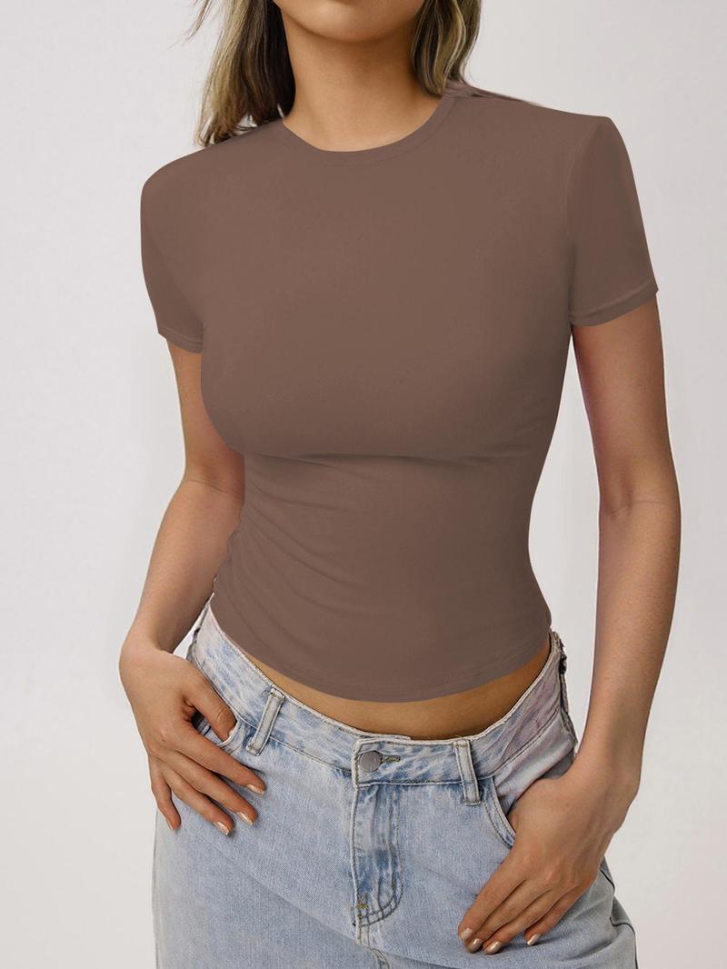 Women's Solid Shortsleeve Round Neck Basic Tee, Casual Slim-fitting Short Sleeve T-shirt, Ladies Summer Clothes for Daily Wear, Womens Clothes, Womenswear, Tshirt, Crewneck Clothing, Top, Casual Summer Style