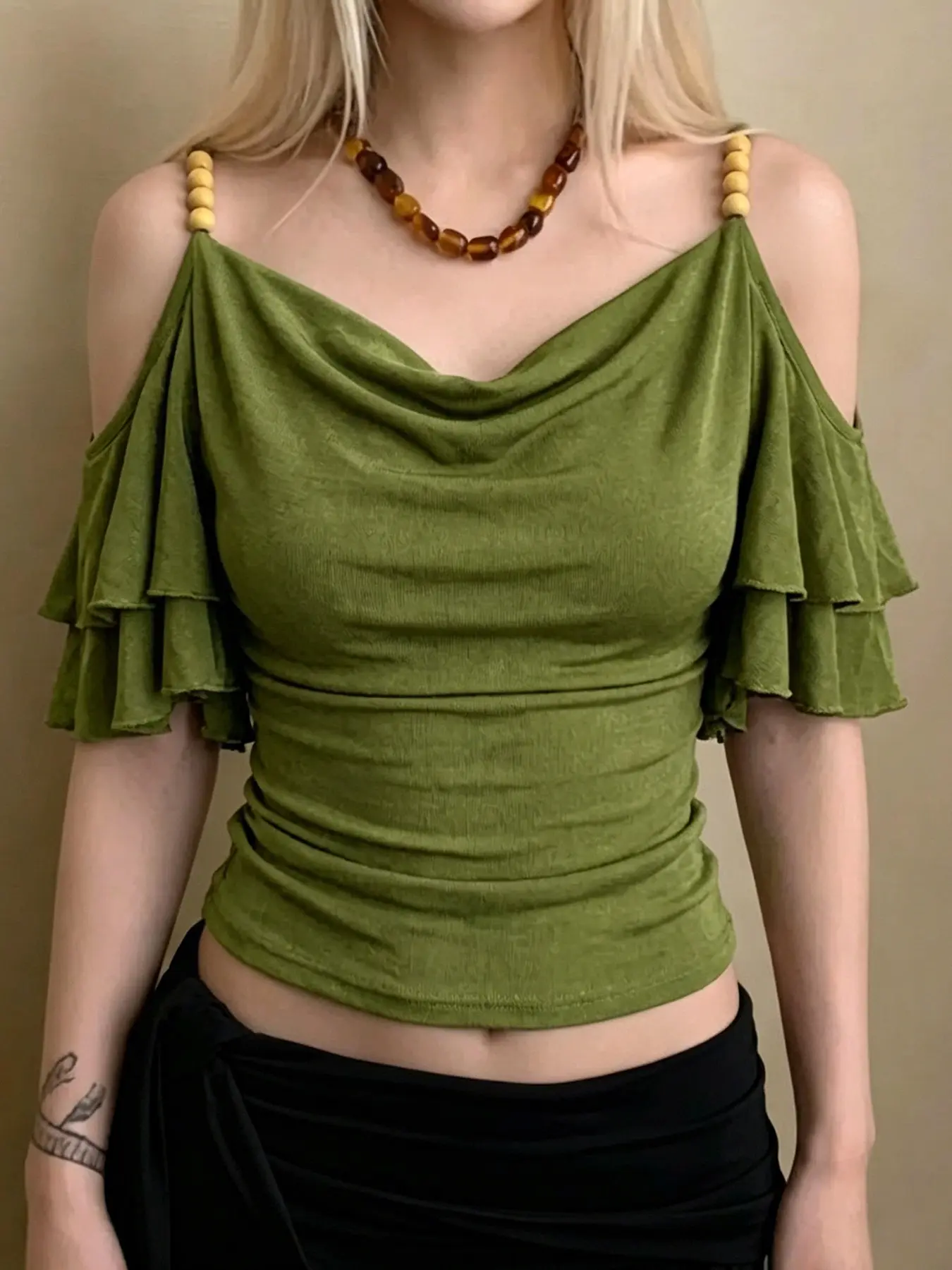 Women's Summer Retro Beaded Spaghetti Strap Top, Off-Shoulder Multi-Layer Ruffle Sleeves T-Shirt, Slim-Fitting Elegant Shirt, Vintage Style, Boho Bohemian Blouse