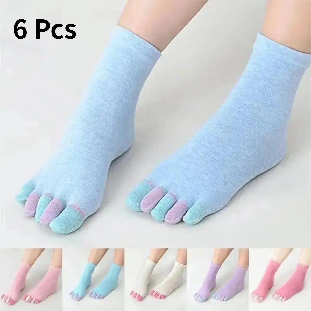 6-Pair Women's Cotton Five-Toe Socks, Breathable Crew & Ankle Length, Soft Comfortable Split-Toe Design, Lightweight Athletic Socks Ideal for Running, Fitness Training, Casual & Outdoor Daily Wear