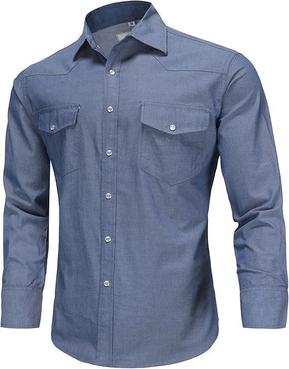 COEVALS CLUB Men's Denim Western Cowboy Pearl Snap Casual Button Down Up Long Sleeve Soild Work Shirt