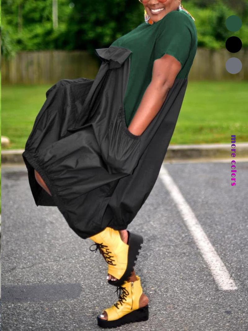 Women's Leather Patchwork Pocket Dress, Vintage Casual Style, Short Sleeve Midi Dress, Loose-Fitting Plain Design, Perfect for Everyday Wear