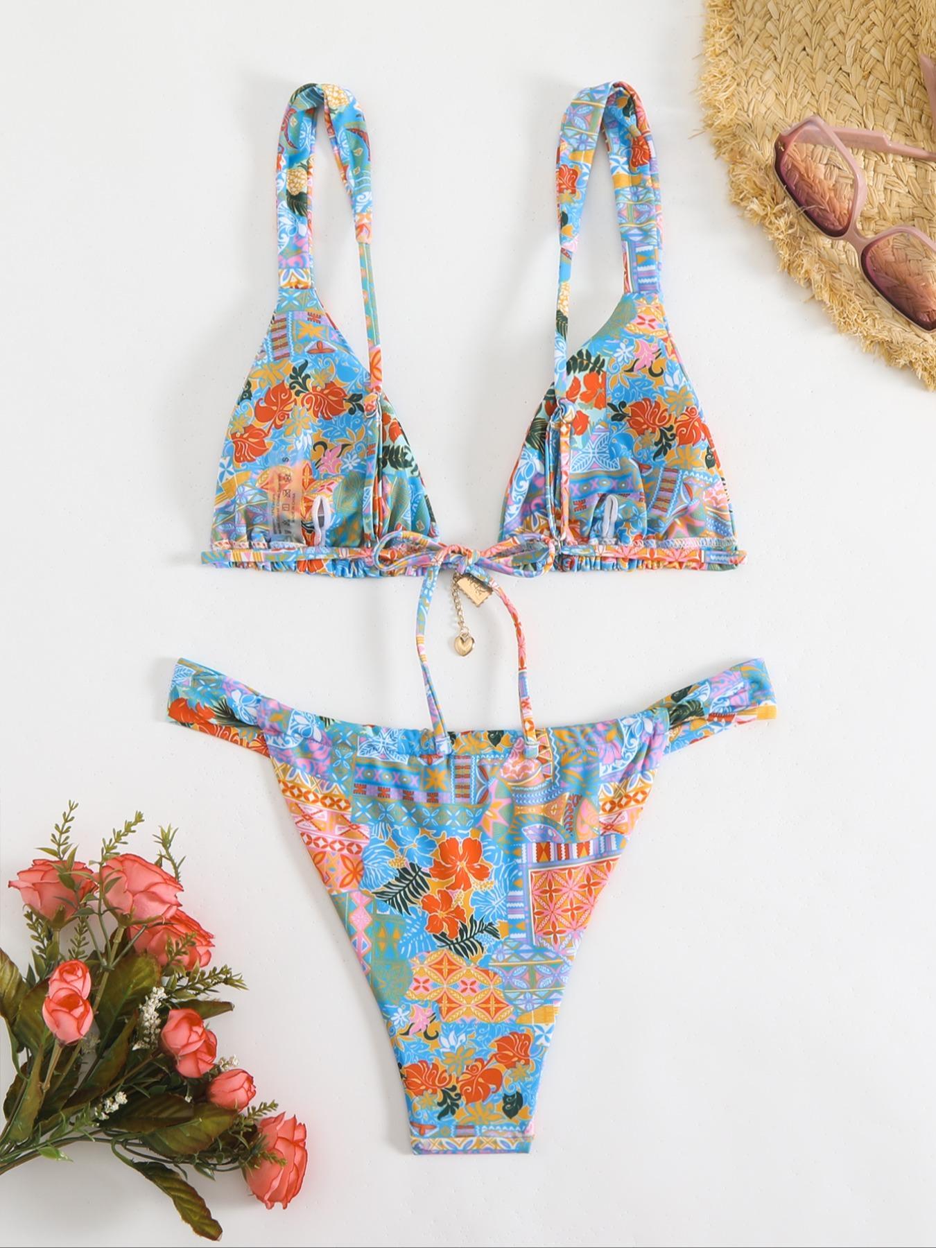 Two-piece Set Women's All Over Print Bikini Set, Casual Fashion Chic Swim Top & Swim Bottom Set for Beach Holiday Vacation, Ladies Swimwear for All Seasons, Flower Print Bikini, Bikinis Set, Floral Print Swimsuit, Swimsuit Set