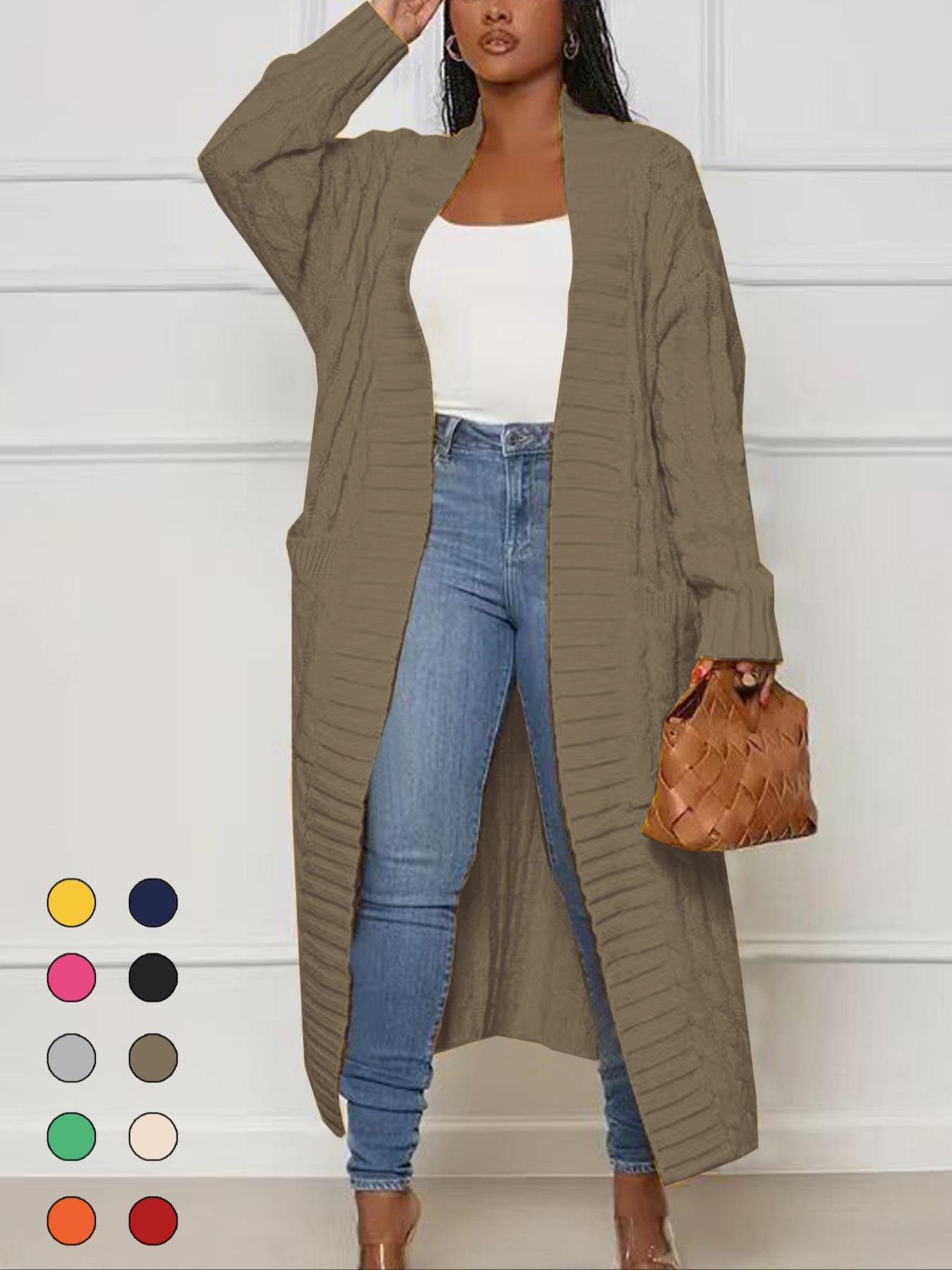 Women's Solid Color Textured Drop Shoulder Pocket Longline Cardigan, Casual Open Front Knitwear for Fall & Winter, Women's Knit Clothing for Daily Wear, Sweaters for Women
