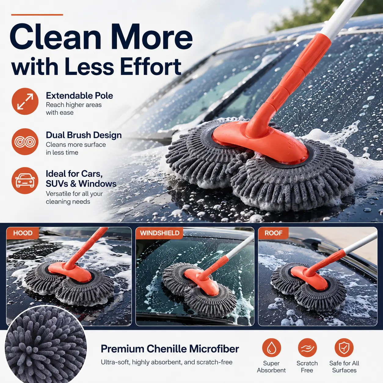 43 in Long Handle Car Wash Mop - 360° Rotating Soft Chenille Fiber Brush, Retractable Aluminum Pole, Scratch-Free Cleaning Tool for Cars/SUVs/RVs