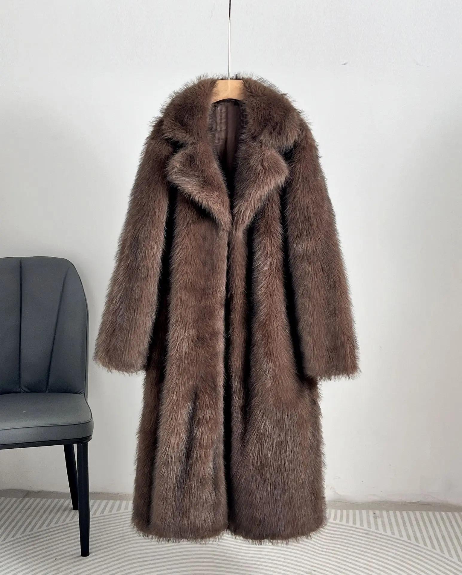 European And American Style Autumn Winter Women's Long Faux Fur Coat With Blazer Collar Faux Fur Jacket Outerwear Womenswear1123
