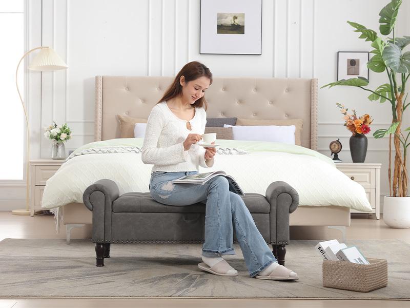 YOUDENOVA Storage Bench for Bedroom, 51/60" Queen/King Size Storage Bench, Cushioned Stool Upholstered Bedroom Bench with Rolled Arms and Vintage Rivets for Living Room, Storage Room, Entryway SpringBreak