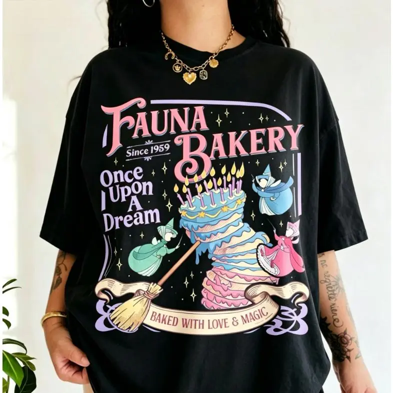 Fauna Bakery T-shirt, Baked With Love and Magic Graphic Tee, Sleeping Princess Fairy Godmother Shirt, Theme Park Family T-shirt Gift