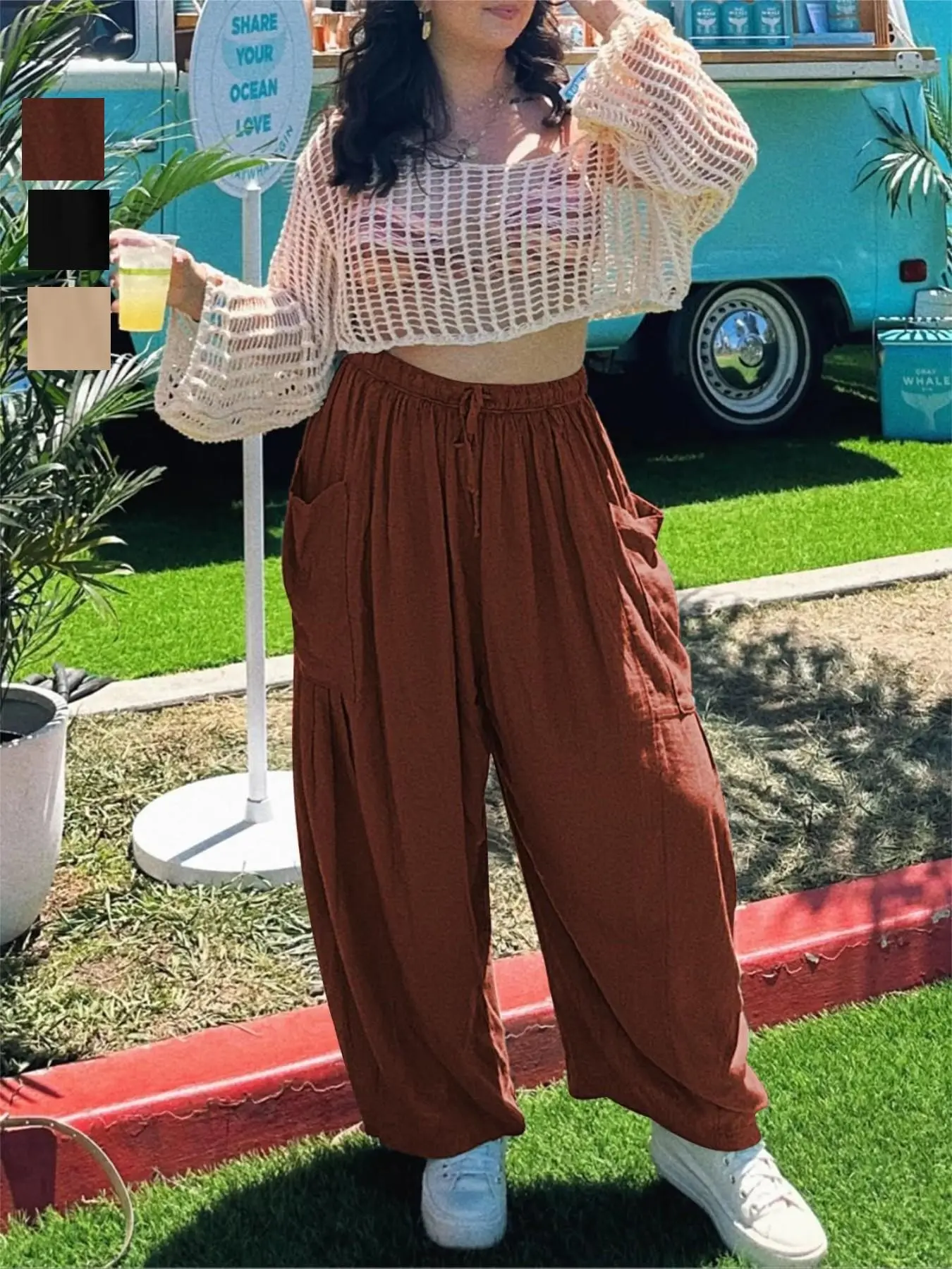 Summer Fashion Womenswear Versatile Commuter Casual Boho Style Outerwear Vacation Elastic High-Waisted Pleated Wide-Leg Bottom Pants Loose Cotton Linen Long Trouser