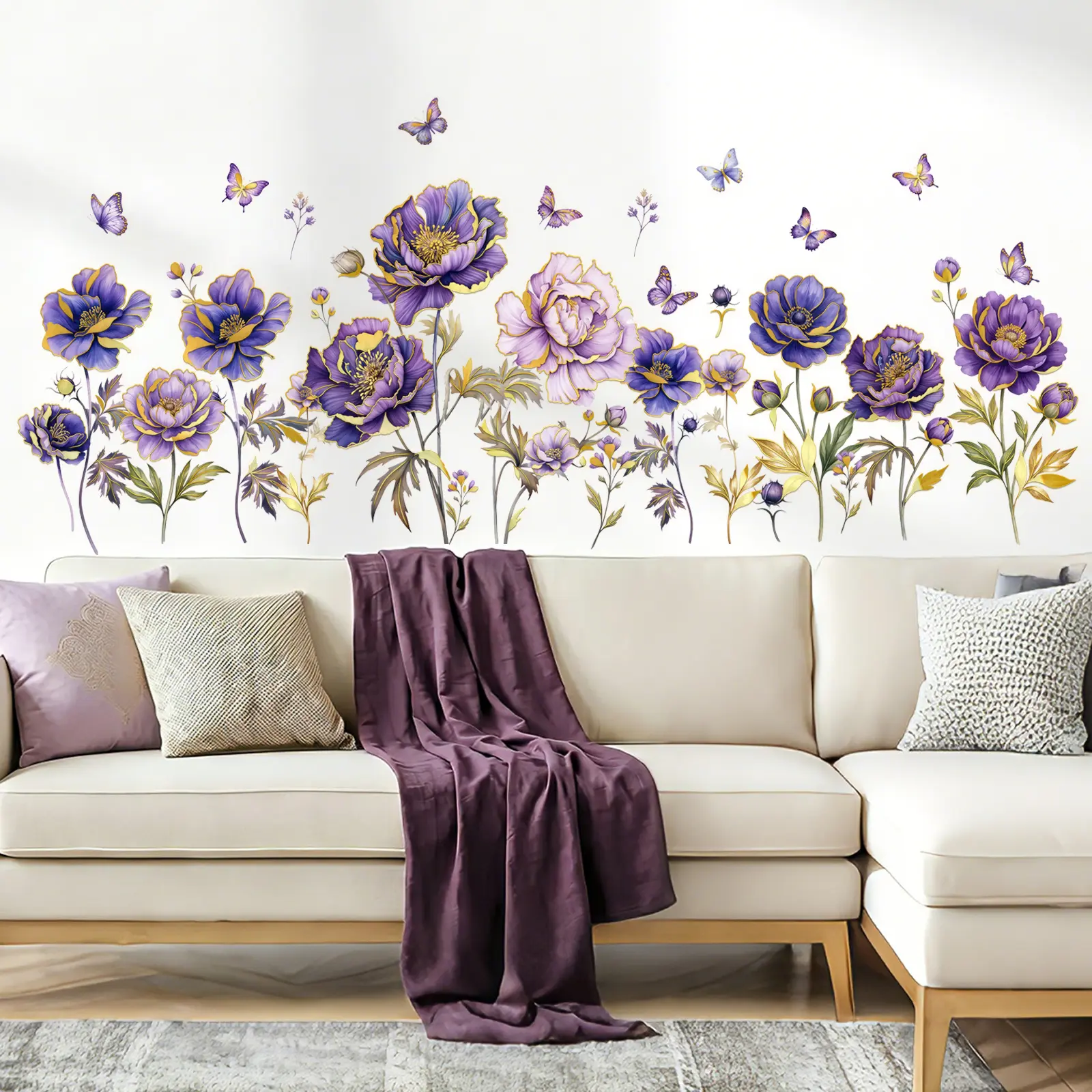 2Pcs Set (3090cm2pcs) Purple Gold Foil Peony Self-Adhesive Interior Wall Stickers, Watercolor Butterfly Floral Decals for Living Room Sofa Background Decor