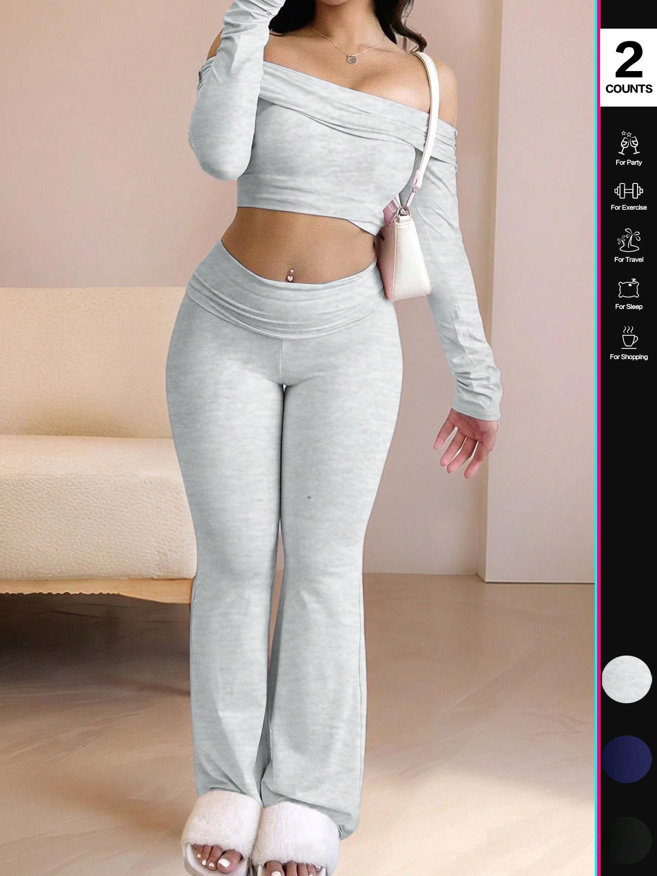 Women's Two-Piece Set, Off-The-Shoulder Long Sleeve Crop Top & Pants, Solid Color for Casual Wear, Stylish Women's Clothing,Airport Outfit