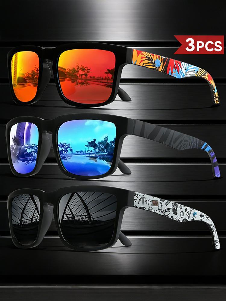2026 Latest Model Unisex 3Pcs Square Polarized Eyewear – Colorful Graffiti Temples UV400 Protection for Outdoor Use, TikTokShopBlackFriday President’s Day Deal