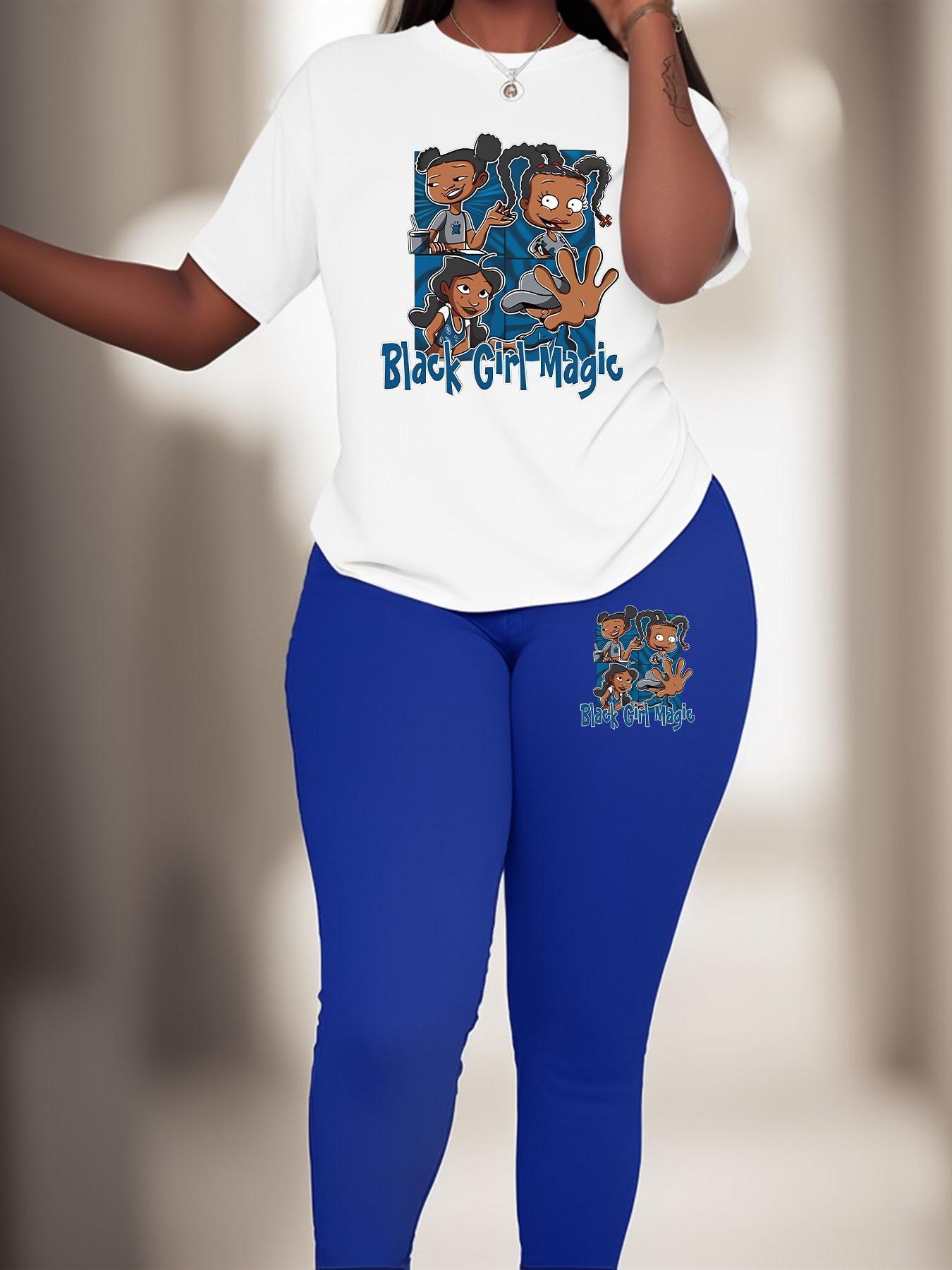 【Plus Size】 Two-Piece Set Cartoon Print Tee & Skinny Pants, Casual Round Neck Short Sleeve T-shirt & Trousers for Daily Wear, Women's Two-piece Outfits for All Seasons