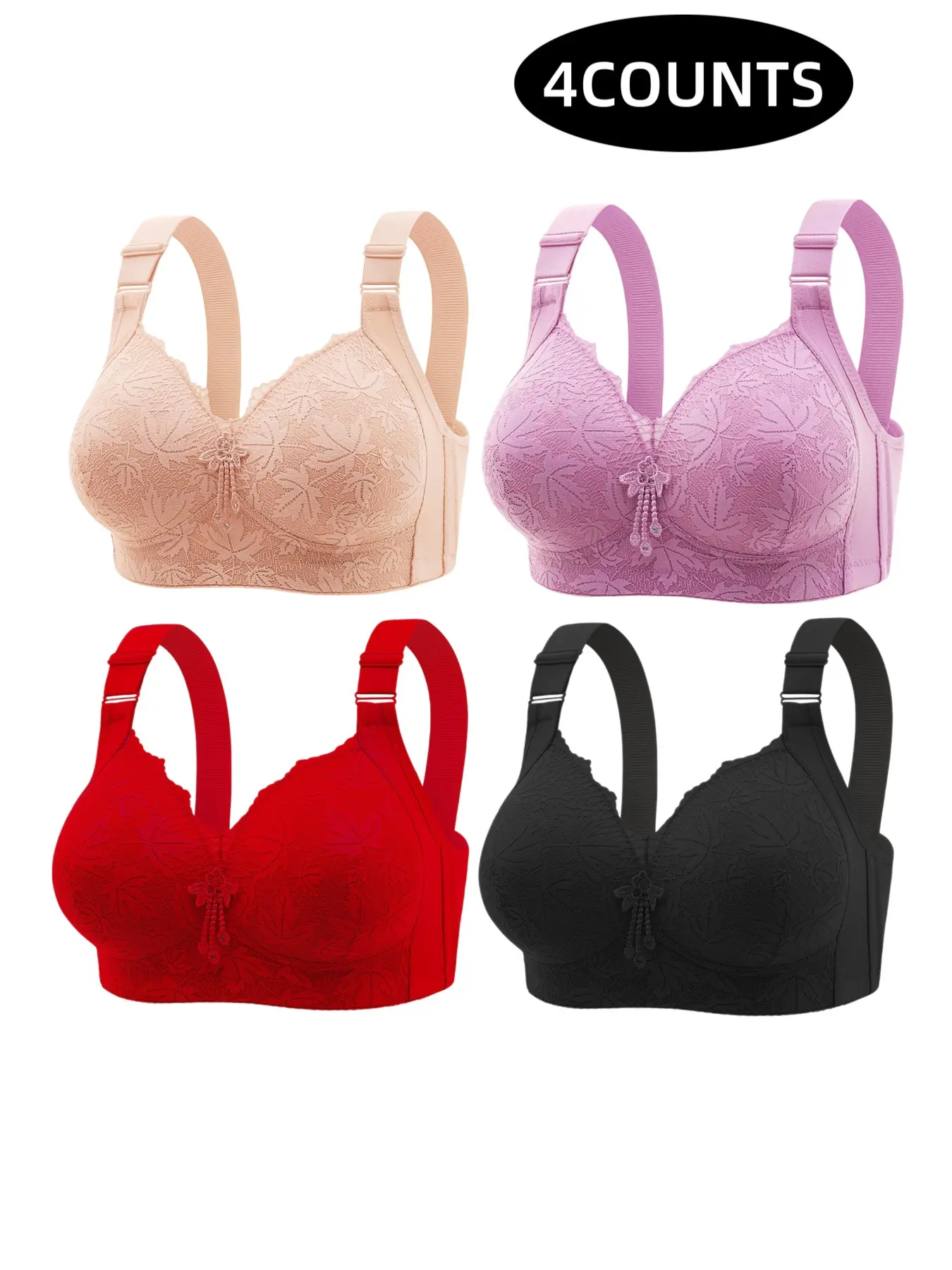 4-Pack Women's Lace Wireless Push-Up Bras, Seamless Comfort Fit, Daily Wear Underwire-Free Bra, Breathable Soft Fabric, Full Day Support