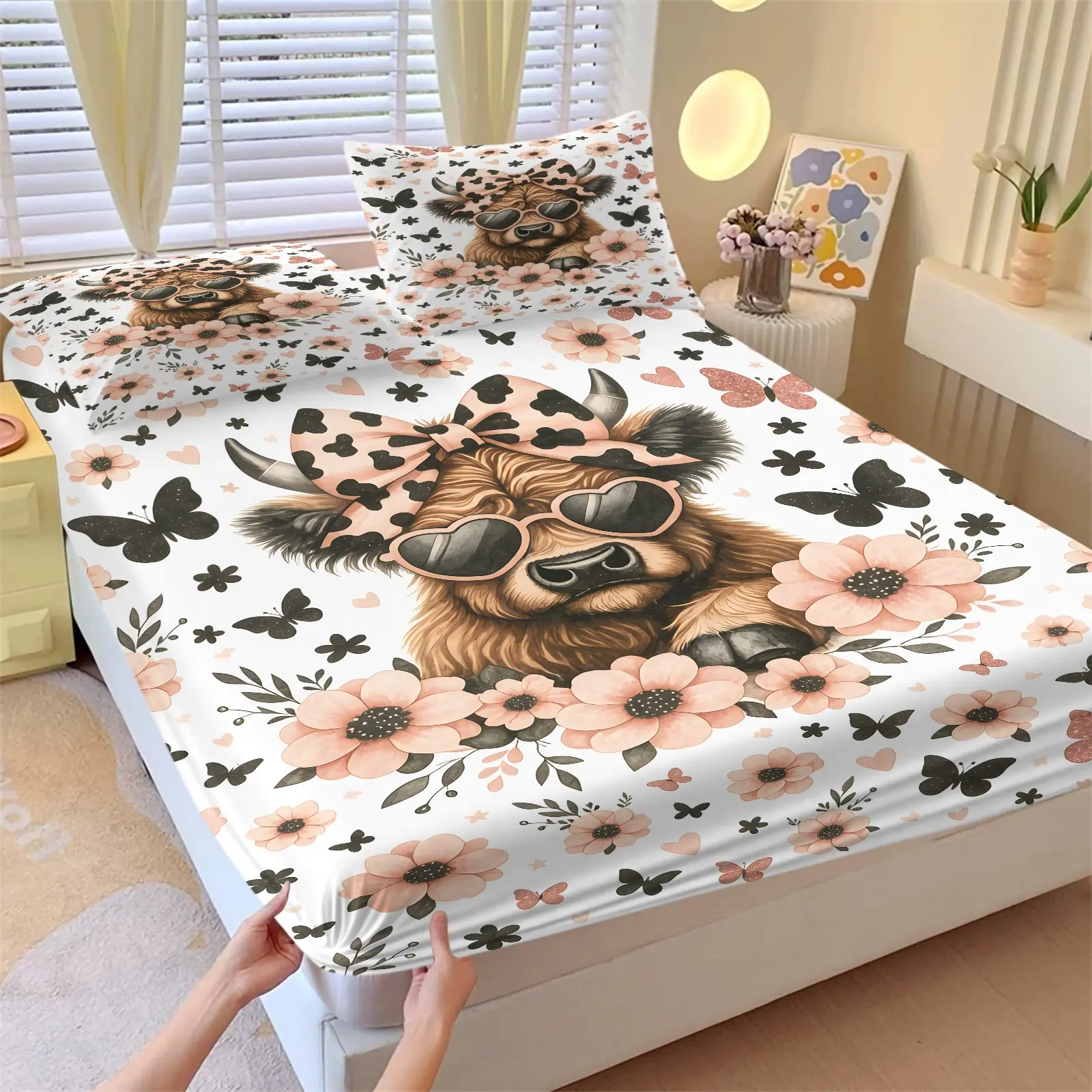 3PCS Floral Highland Cow Heart Sunglasses Fitted Sheet Set (1 Fitted Sheet + 2 Pillowcases), All Season Soft Comfortable Breathable Bedding, Deep Pocket Fits Up To 12 Inch Mattress, Cool Gift For Animal Lovers & Teens