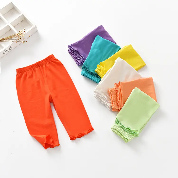 Girls' 2026 Korean-Style Ruffled Cropped Leggings, Summer Cartoon Baby Lace Capri Pants, Trendy Trousers-DMA