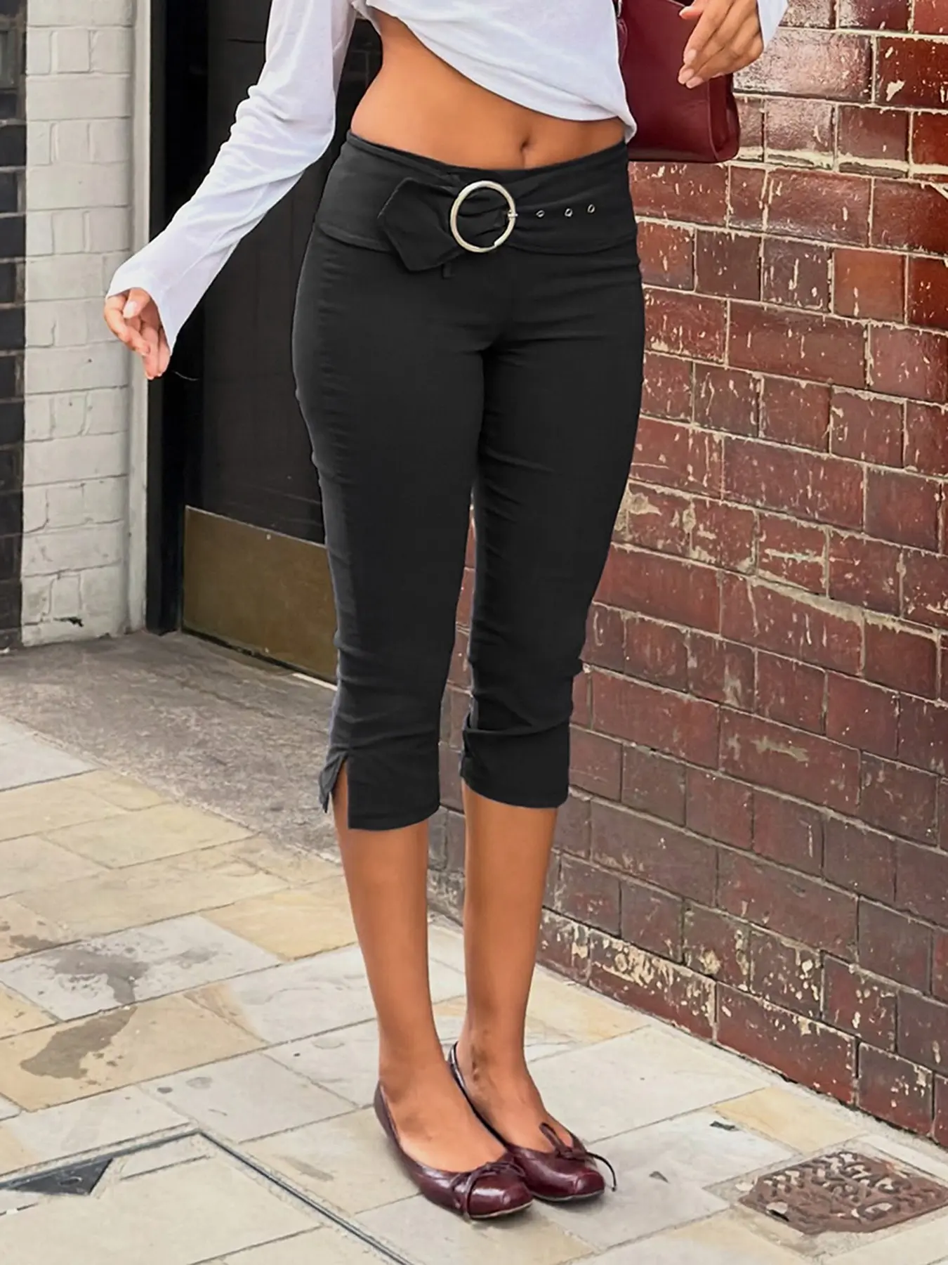 Women's French Style Streetwear Split Capris, Folded Wide Waistband Round Ring Belt Versatile Seven-Quarter Pants, Casual Daily Chic Trendy Comfortable Bottoms