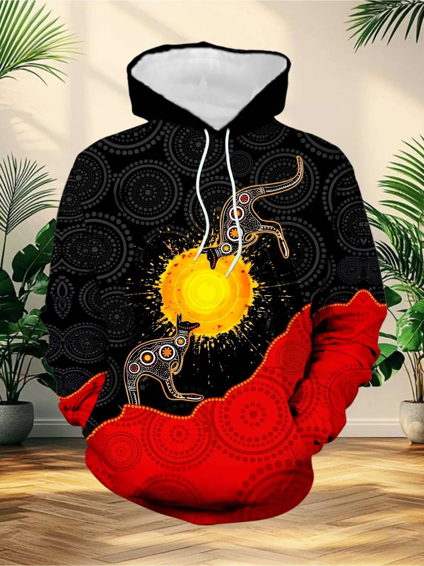 Digital printing hooded sweatshirt - Australian Aboriginal style sun kangaroo totem pullover shirt - trendy and fashionable casual top