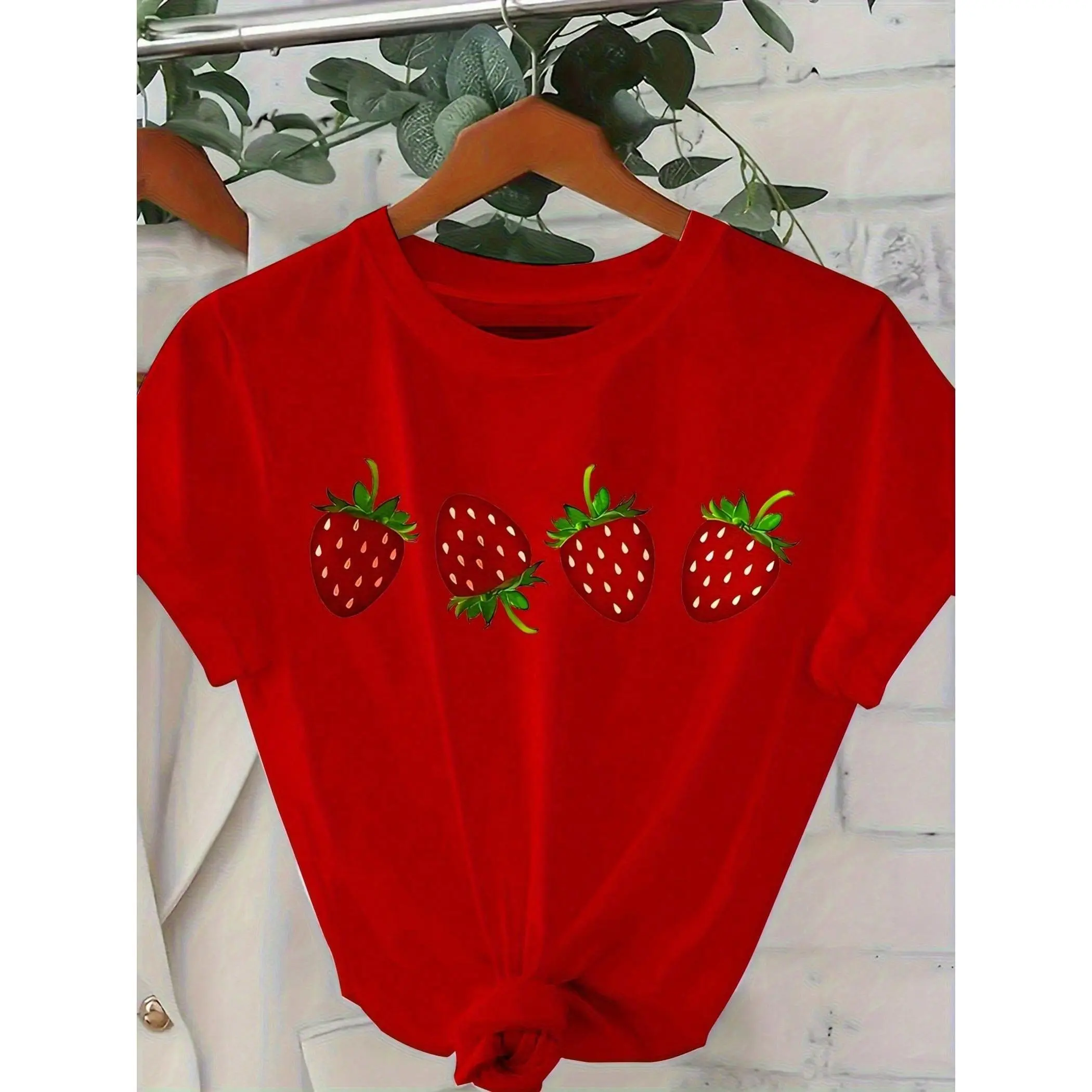 Women's Cotton Short-Sleeve Loose Sports Top, Cute Strawberry All-Over Print, Crew Neck, Lightweight Fabric, Regular Length Summer Casual Party Top, Festival, Lady, Shortsleeve, Fit, Tshirt, Streetwear, Scoop Neck, Lightweight Soft