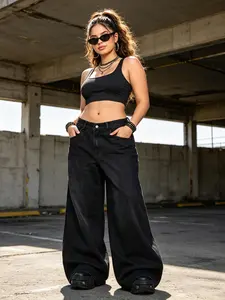 Y2K Gothic Baggy Jeans Women Cross Embroidery Rivet Detail Low Rise Wide Leg Jeans Black Wash Elastic Waist Floor Length Oversized Denim Pants Vintage Punk Streetwear E-girl Casual Trousers For Music Festival Daily Outfit