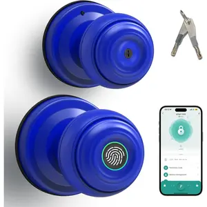 Fingerprint Door Knob Lock,  Keyless Entry Door Knob with Tuya App Control & Auto-Lock, Backup Key, Easy Install for , Apartment, Office, Blue