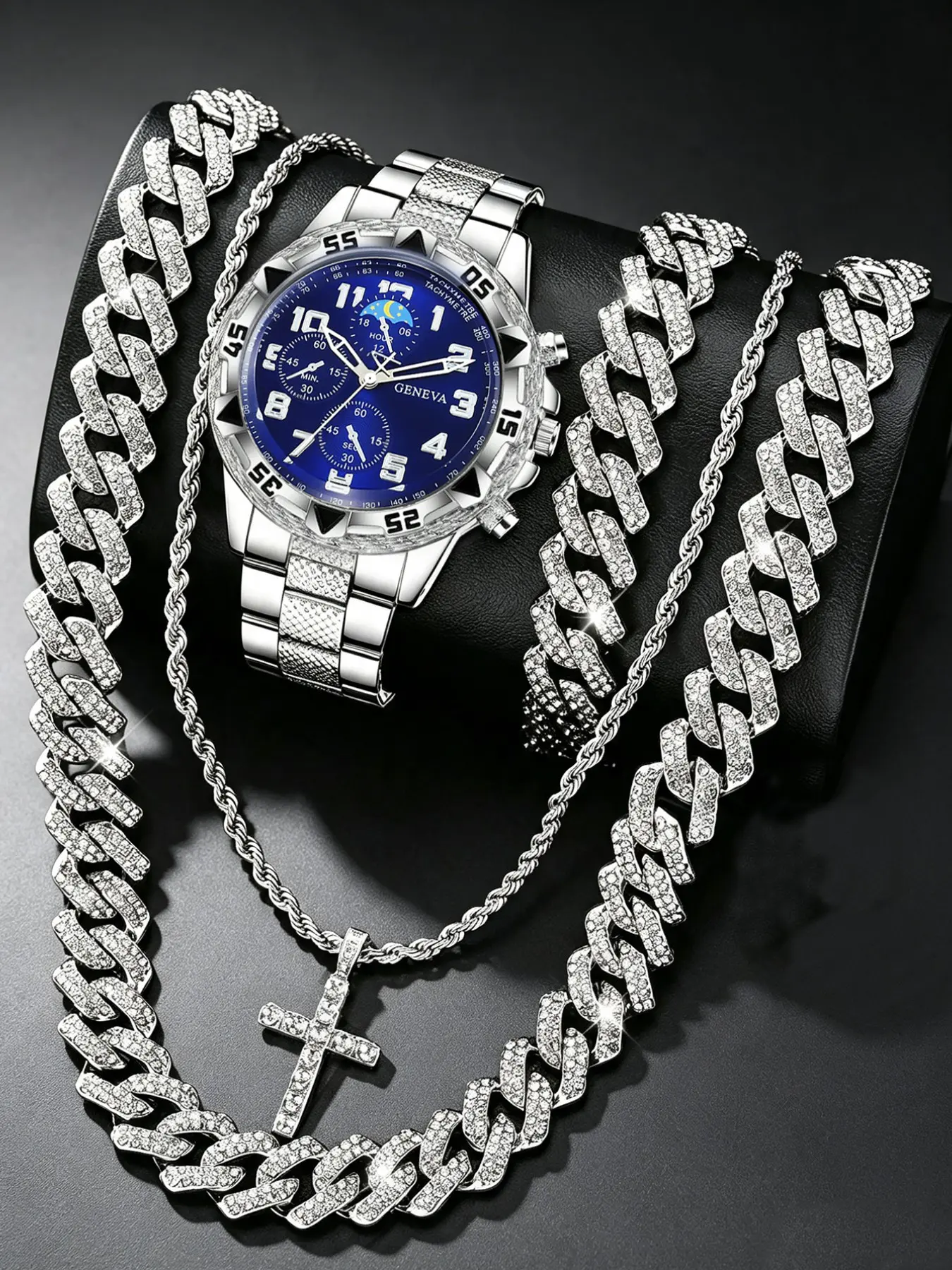 Men's Fashion Quartz Watch Set, Blue Dial, Mineral Glass, Alloy Case, Round Face, Includes Cuban Bracelet, Necklace, Cross Pendant