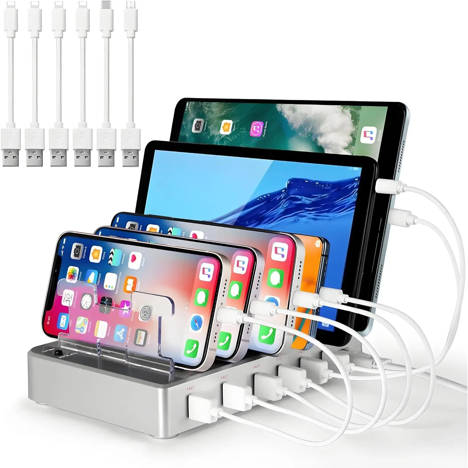 Station for Multiple Devices, 6 Ports Multi Devices USB Charger  Cell Phone  Station for  iPad Tablet (, 6  Cables Included)