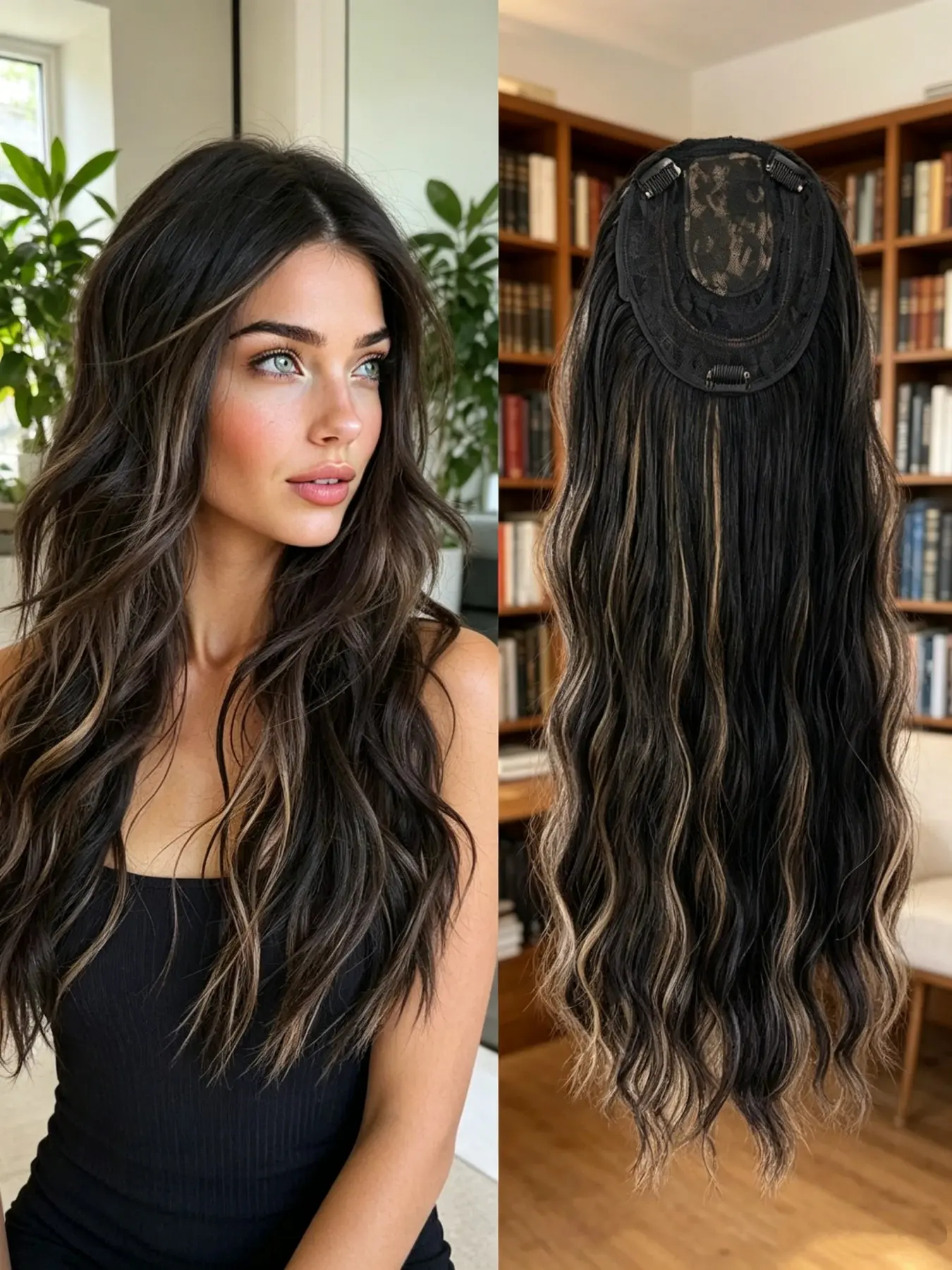Balayage Highlight Wavy Hair Topper for Women, Premium Kanekalon Synthetic Clip-In, Synthetic Fiber Hairpieces, Natural Volume & Coverage for Thinning Hair, Instantly Boost Your Confidence & Style