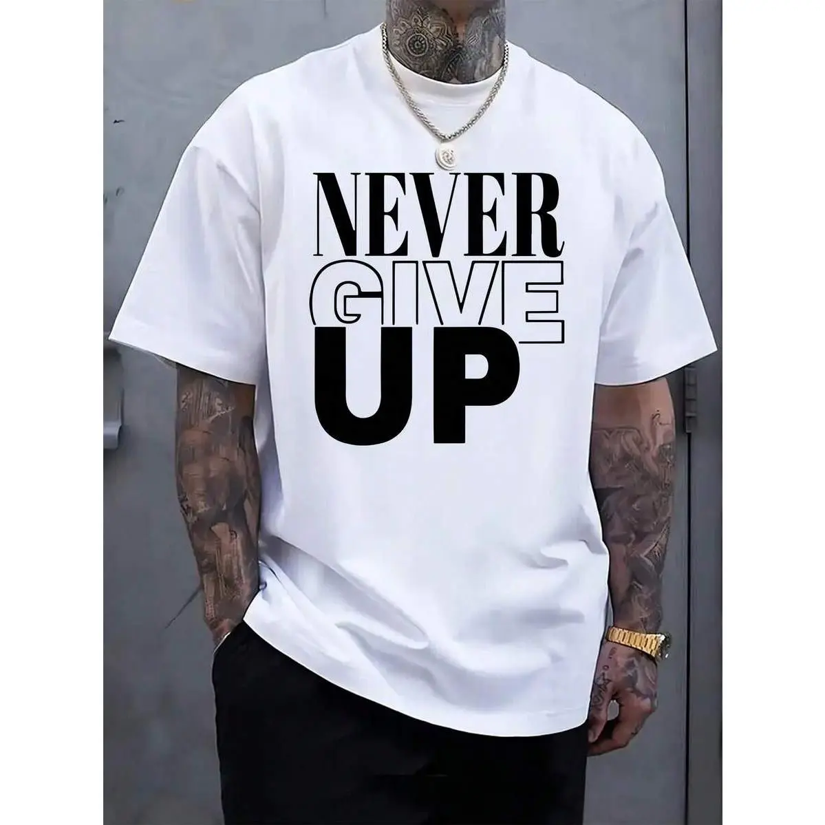 Men's "Never Give Up" Pattern T-Shirt - Soft And Comfortable, Bold Black Letter Print, Casual Summer Outdoor T-Shirt, Perfect Gift For Men, Machine Washable
