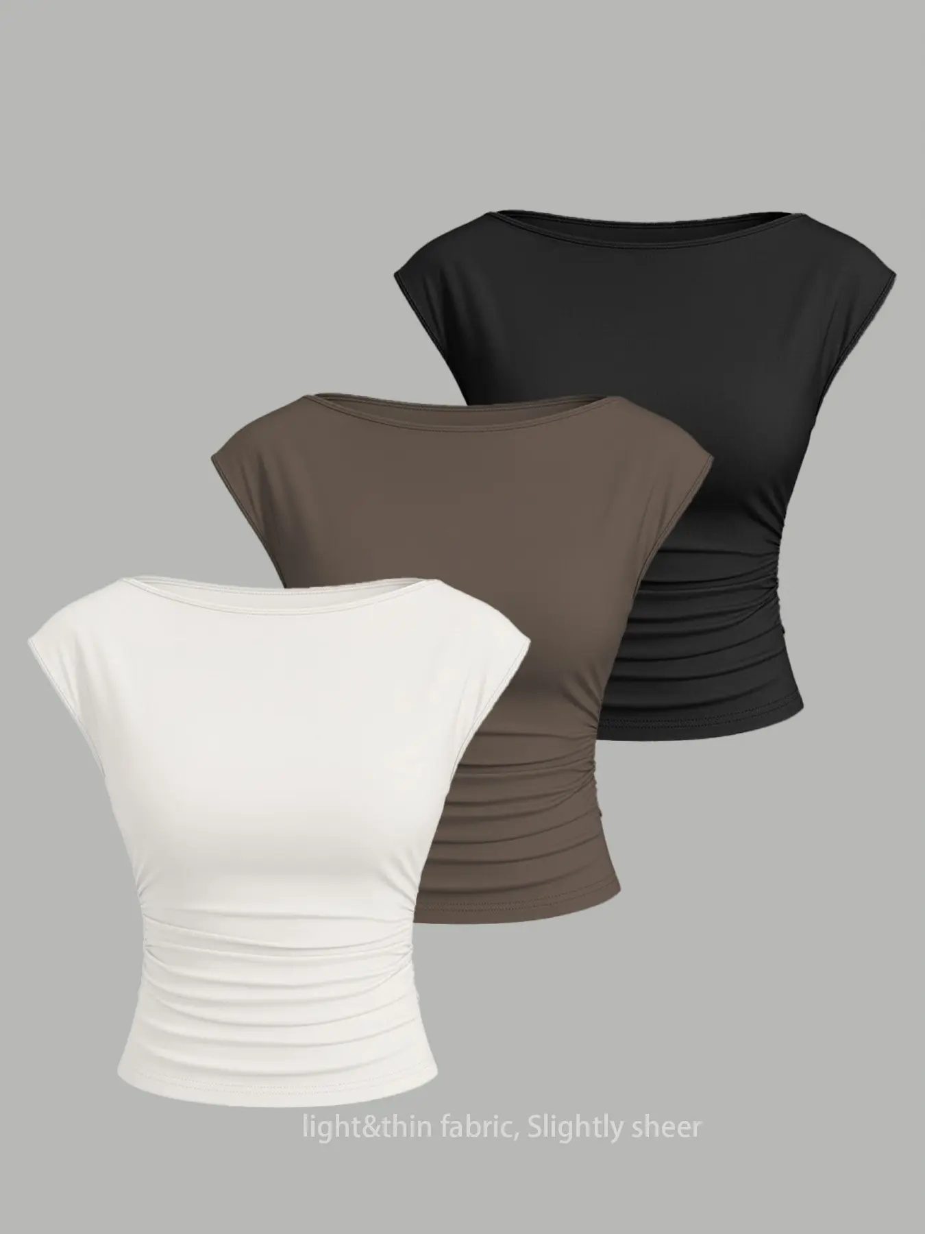 Women's Fashion Slim Fit Casual Comfort T-Shirt Set, Multi-Color Three-Piece, Solid Color Waist Cinched Ruched Crop Tee, Summer Clothing Top