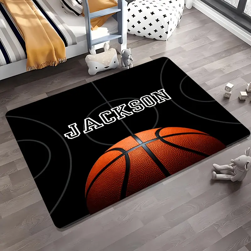 Flannel Floor Mat JIT 2D Flat Printing flannel material door mat, flannel rectangular entrance carpet +10mm thickness +500g/ ㎡ Personalized, basketball court basketball pattern, indoor and outdoor entrance mat, customize with your name, bedroom bedside ma