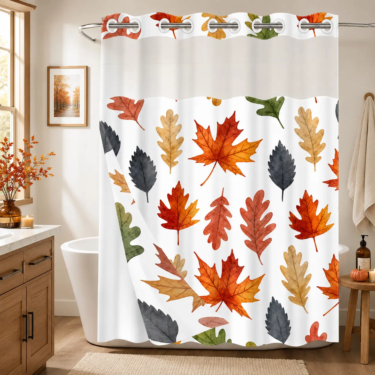 1PC 2D Flat Watercolor Maple, Oak & Assorted Autumn Leaf Pattern Double-Layer Woven Shower Curtain, No Hooks, Transparent Top Window, Removable Snap-On Liner, Minimalist Farmhouse Bathroom Art Decor, Thanksgiving & Holiday Decoration