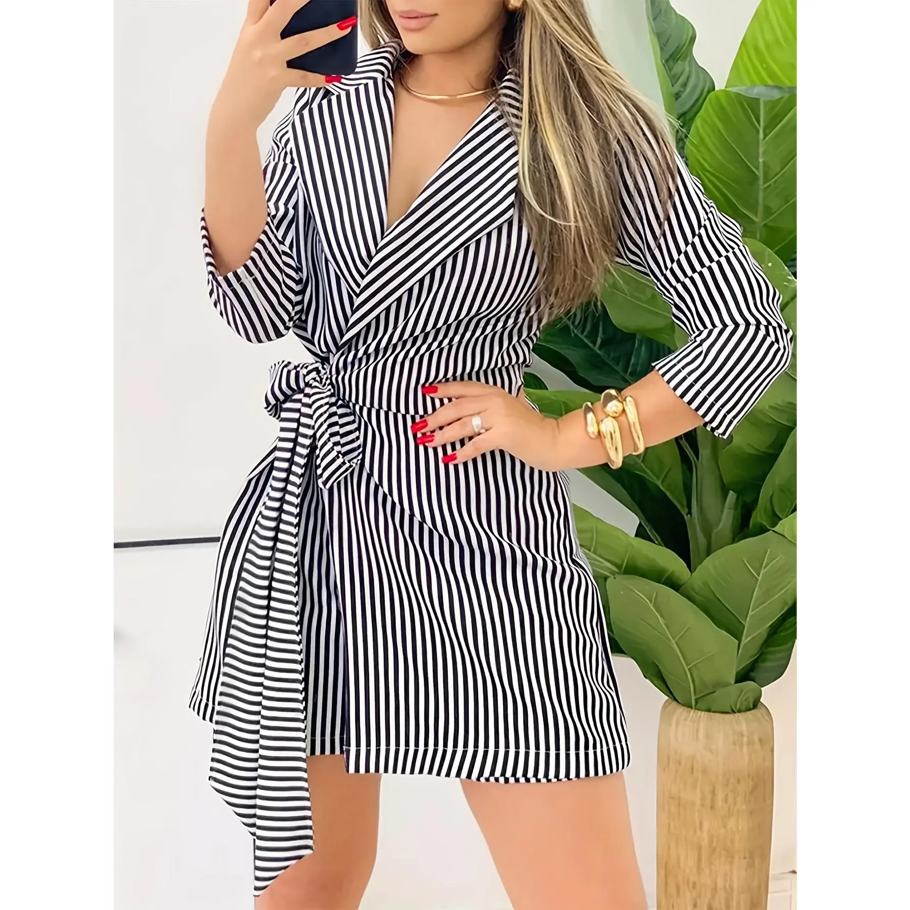 Women's Striped Print Casual Wrap Jumpsuit