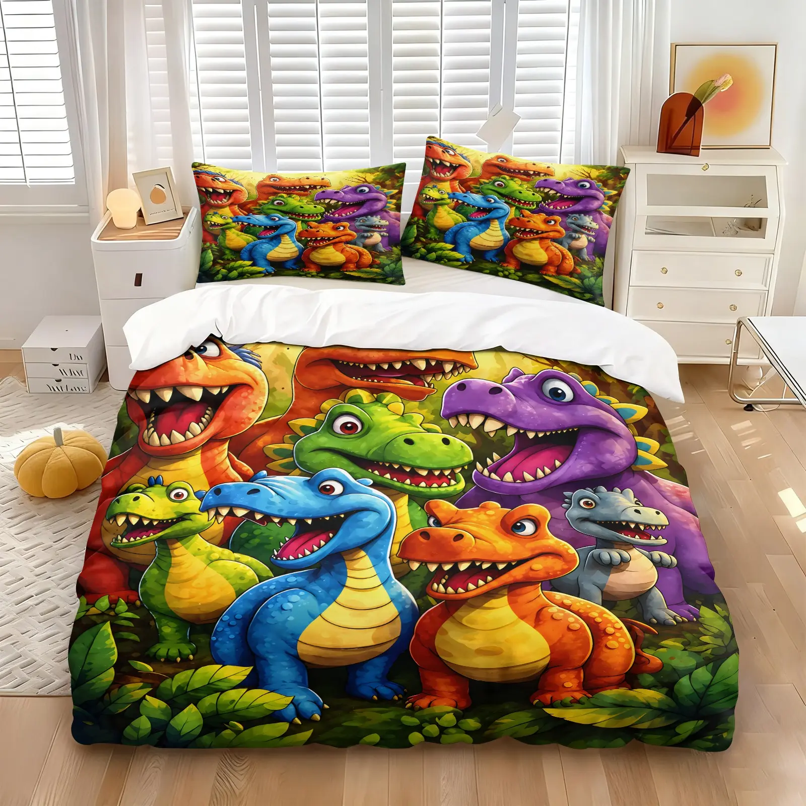 3PCS Colorful Cartoon Dinosaur Duvet Cover Set (1 Duvet Cover + 1-2 Coreless Pillowcases), Cute Jungle T-Rex All Over Print, Skin-Friendly Soft Comfy All Seasons Bedding Set, Comfy Bed Sets, Ideal for Kids Boys Dinosaur Themed Bedroom Decor