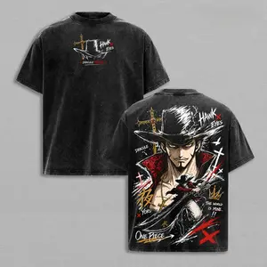 Washable Unisex T-shirt Dracule Mihawk Vintage Washed T-Shirt One Piece Anime Graphic Tee Oversized Streetwear Shirt Manga Fan Gift Unisex Anime Clothing