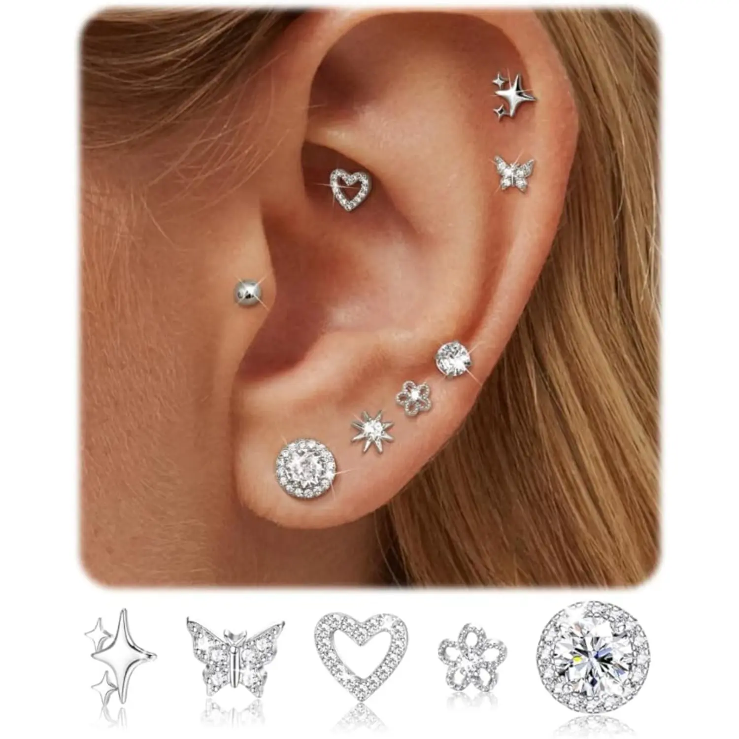 Women's 8-Pair 925 Sterling Silver Earring Stack Set - Casual, Classic Cubic Zirconia Studs, Lightweight Hoops, Sparkly, Hypoallergenic for Multiple Piercings & Sensitive Ears, Ideal for Anniversary, Birthday, Lightweight Earring, Classic Earrings
