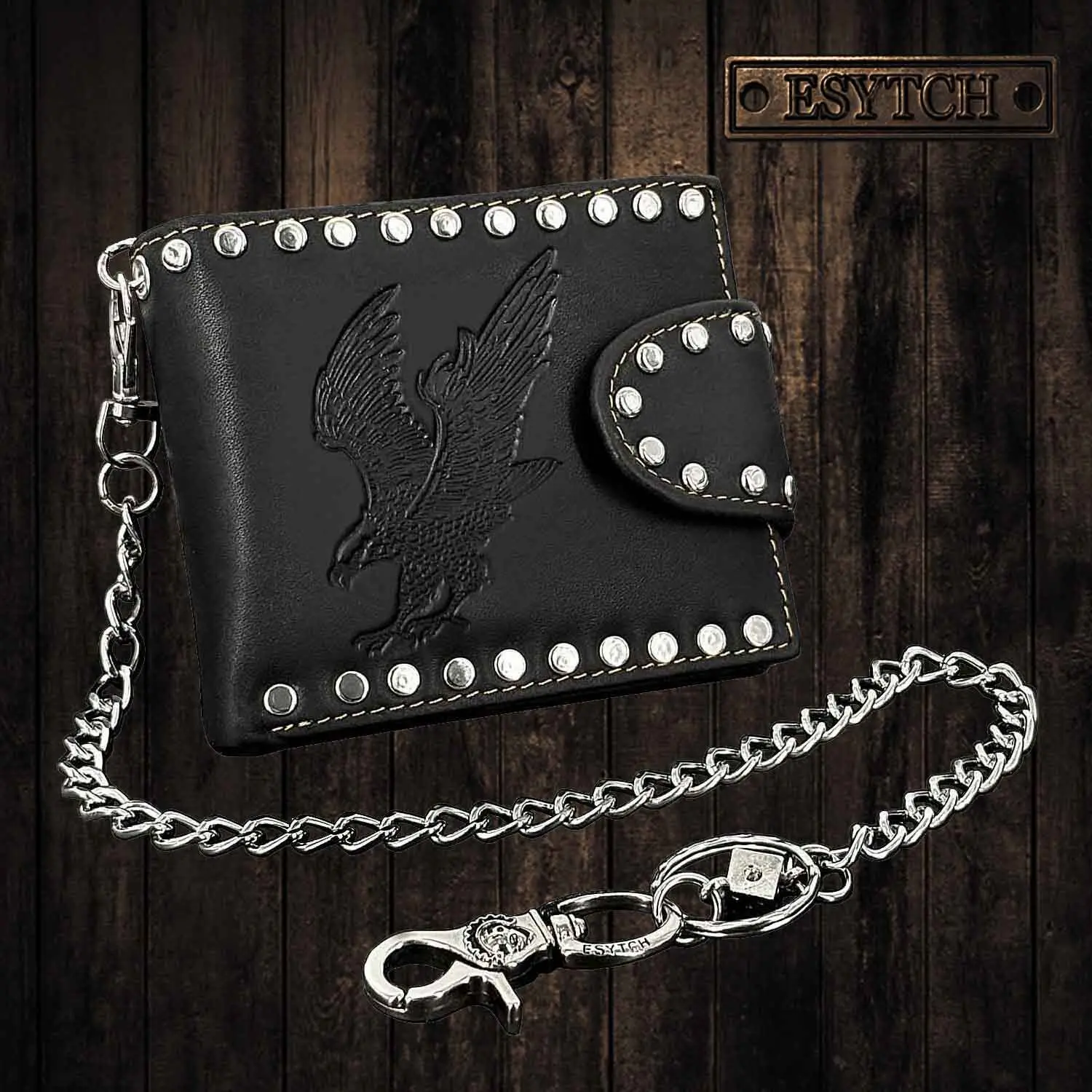 Punk Eagle Leather Wallet Rivet Money Purse Card Holder Wallet with Chain Mens