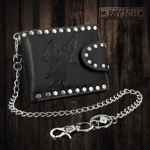 Punk Eagle Leather Wallet Rivet Money Purse Card Holder Wallet with Chain Mens